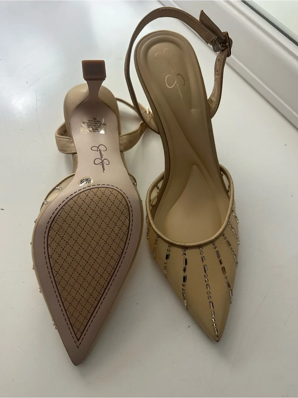 Jessica Simpson Tan/Beige Pointed Slingback Heels with Crystal Accents
